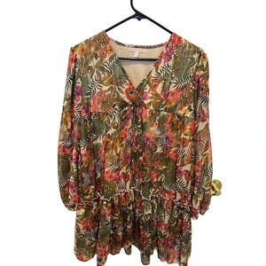 Une ame Women's Multicolor Floral Long Sleeve Ruffle Top Size Large